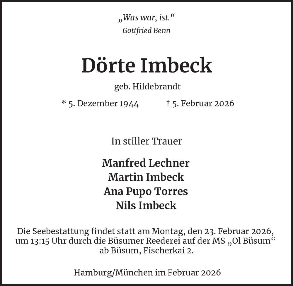  Traueranzeige für Dörte Imbeck vom 14.02.2026 aus Hamburger Abendblatt