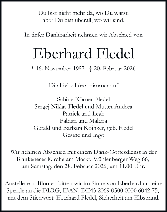 Traueranzeige von Eberhard Fledel von Hamburger Abendblatt