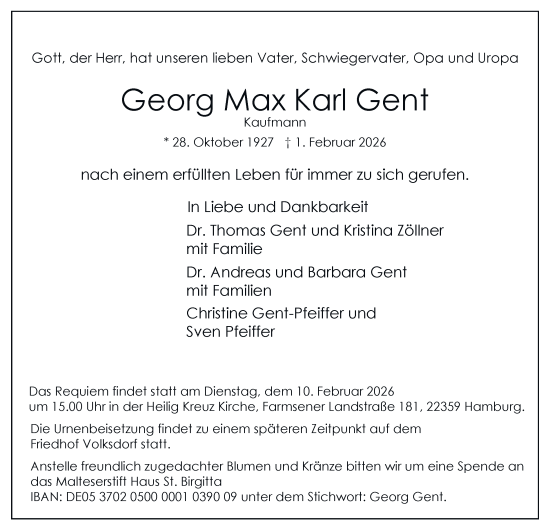 Traueranzeige von Georg Max Karl Gent von Hamburger Abendblatt