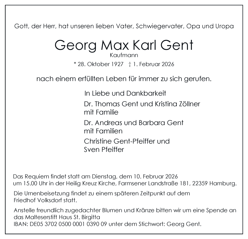  Traueranzeige für Georg Max Karl Gent vom 07.02.2026 aus Hamburger Abendblatt