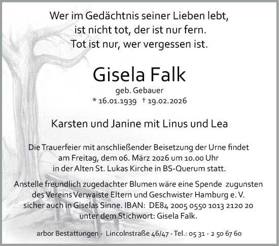Traueranzeige von Gisela Falk von HA Regio Pinneberg