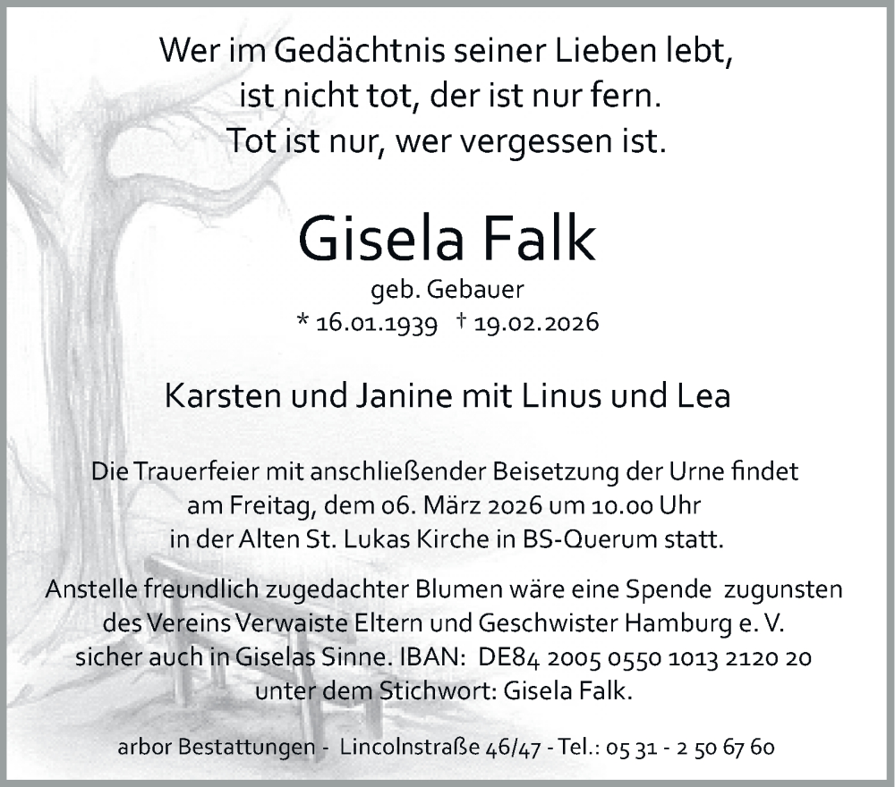  Traueranzeige für Gisela Falk vom 28.02.2026 aus HA Regio Pinneberg