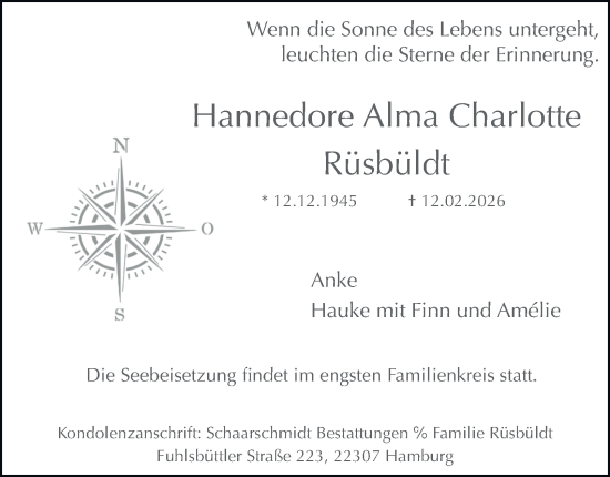 Traueranzeige von Hannedore Alma Charlotte Rüsbüldt von Hamburger Abendblatt