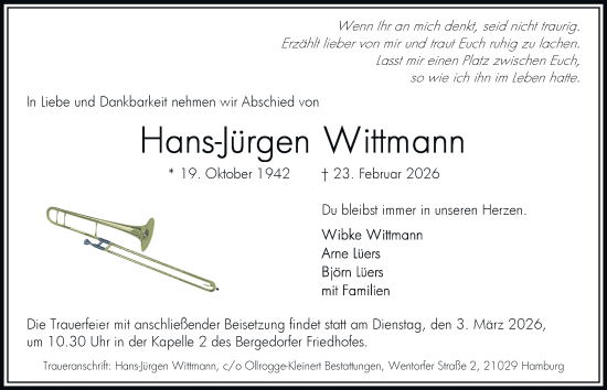 Traueranzeige von Hans-Jürgen Wittmann von Hamburger Abendblatt