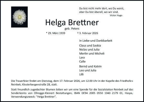 Traueranzeige von Helga Brettner von Bergedorfer Zeitung