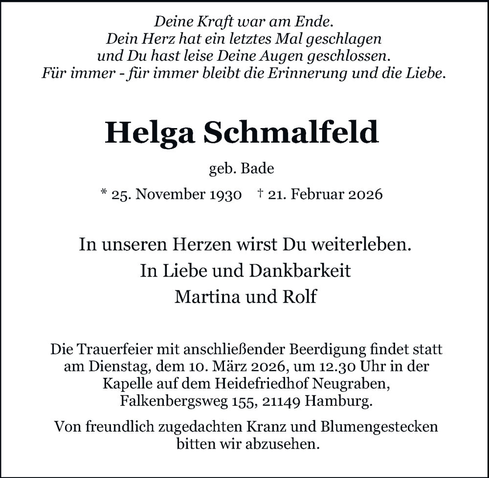  Traueranzeige für Helga Schmalfeld vom 28.02.2026 aus Hamburger Abendblatt