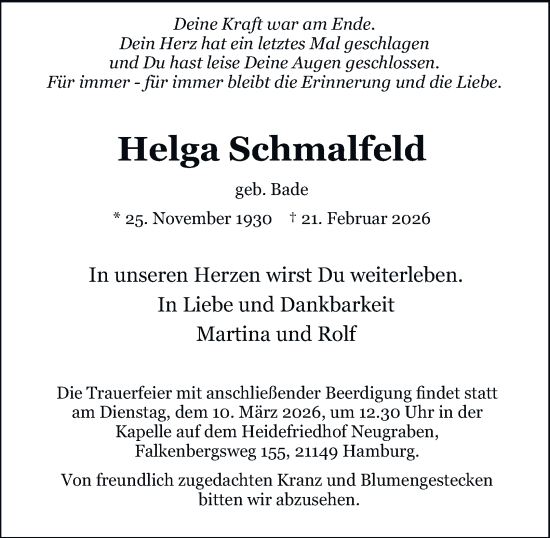 Traueranzeige von Helga Schmalfeld von Hamburger Abendblatt