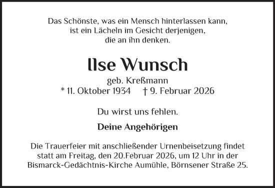 Traueranzeige von Ilse Wunsch von Bergedorfer Zeitung