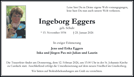 Traueranzeige von Ingeborg Eggers von Bergedorfer Zeitung