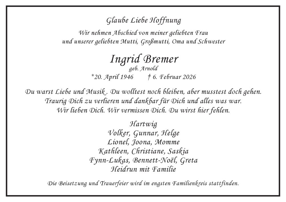  Traueranzeige für Ingrid Bremer vom 14.02.2026 aus Hamburger Abendblatt