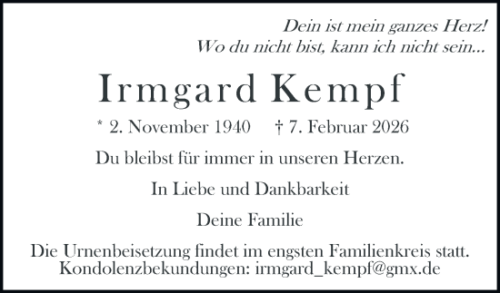 Traueranzeige von Irmgard Kempf von Hamburger Abendblatt