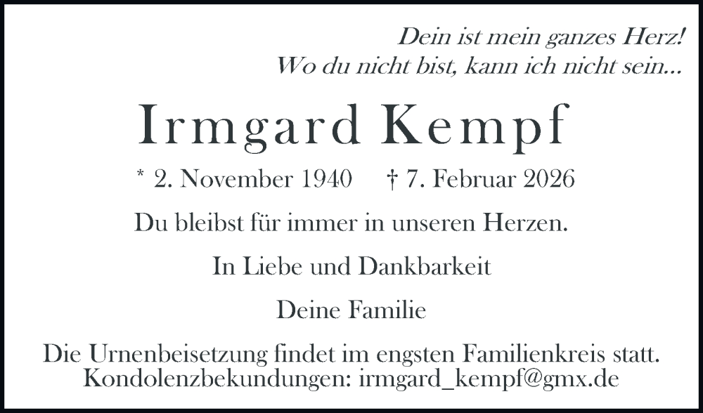 Traueranzeige für Irmgard Kempf vom 14.02.2026 aus Hamburger Abendblatt