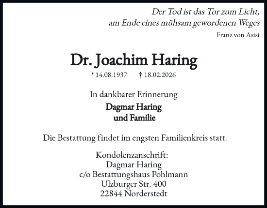 Traueranzeige von Joachim Haring von Hamburger Abendblatt