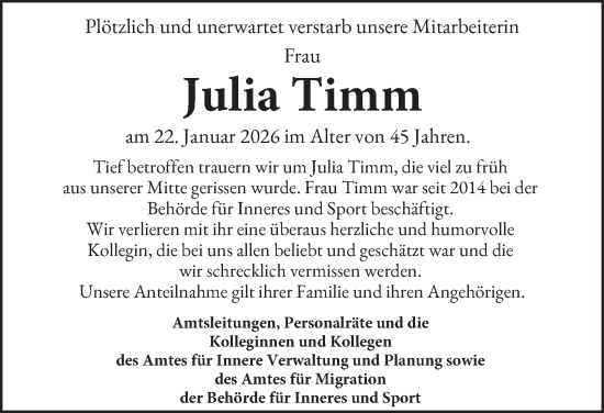 Traueranzeige von Julia Timm von Hamburger Abendblatt