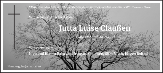 Traueranzeige von Jutta Luise Claußen 