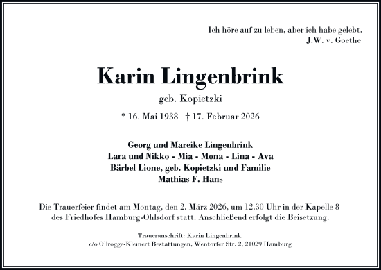 Traueranzeige von Karin Lingenbrink von Hamburger Abendblatt
