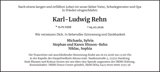 Traueranzeige von Karl-Ludwig Rehn von Hamburger Abendblatt
