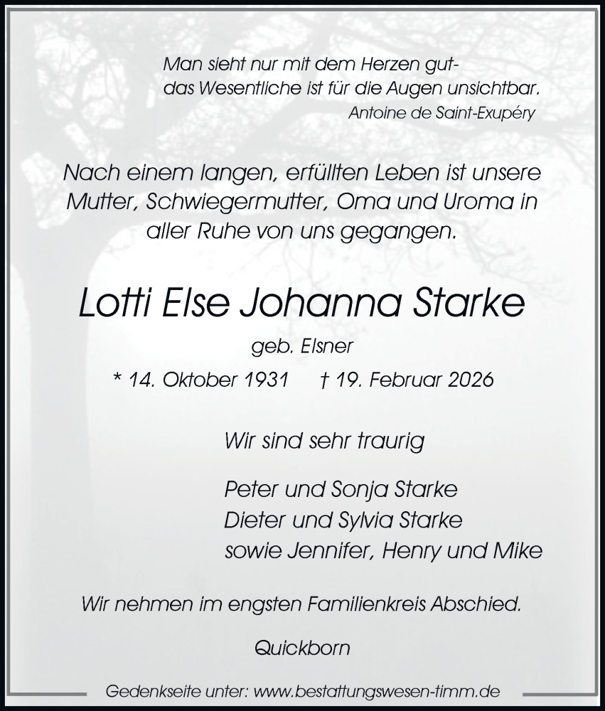  Traueranzeige für Lotti Else Johanna Starke vom 28.02.2026 aus Hamburger Abendblatt
