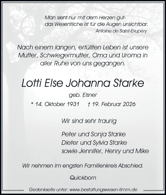 Traueranzeige von Lotti Else Johanna Starke von Hamburger Abendblatt