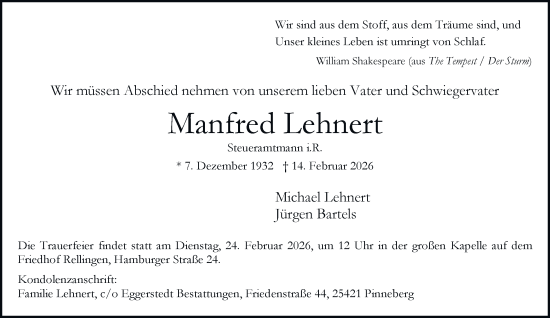Traueranzeige von Manfred Lehnert von Hamburger Abendblatt