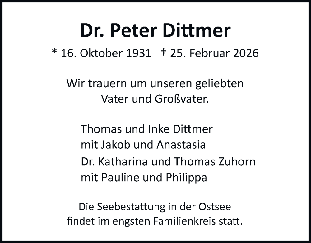  Traueranzeige für Peter Dittmer vom 28.02.2026 aus Hamburger Abendblatt