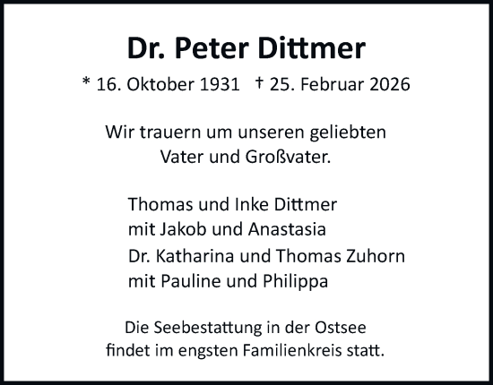 Traueranzeige von Peter Dittmer von Hamburger Abendblatt