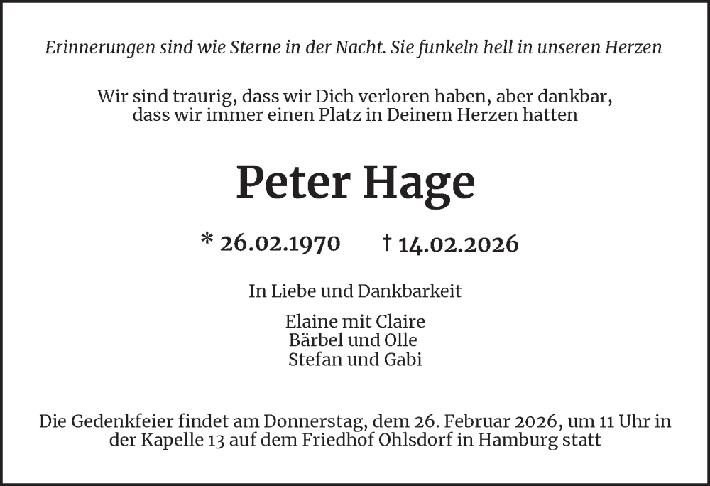  Traueranzeige für Peter Hage vom 21.02.2026 aus Hamburger Abendblatt