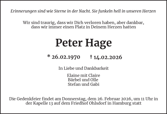 Traueranzeige von Peter Hage von Hamburger Abendblatt