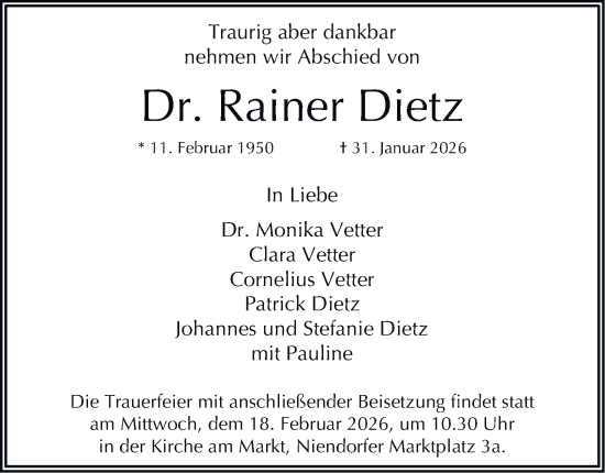Traueranzeige von Rainer Dietz von Hamburger Abendblatt