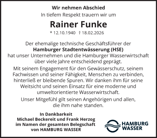 Traueranzeige von Rainer Funke von Hamburger Abendblatt