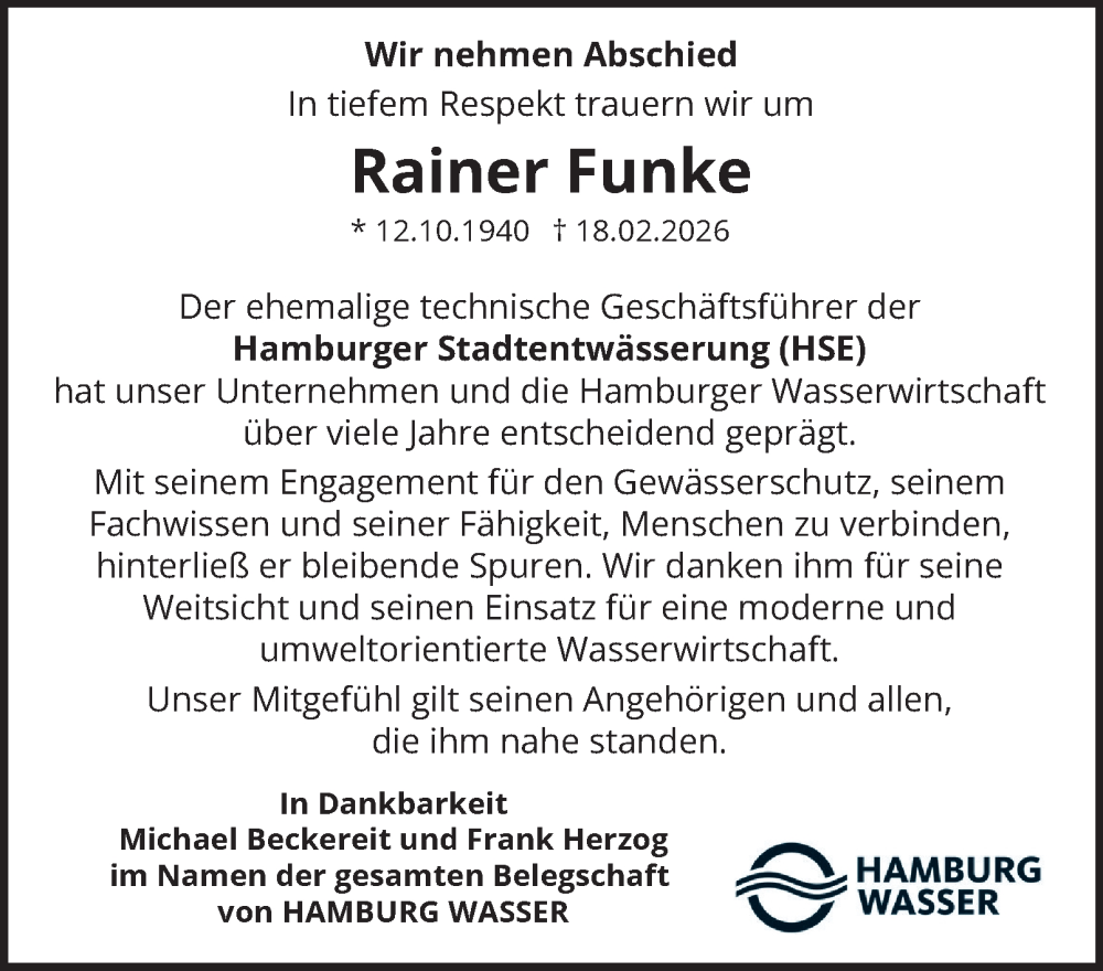  Traueranzeige für Rainer Funke vom 21.02.2026 aus Hamburger Abendblatt