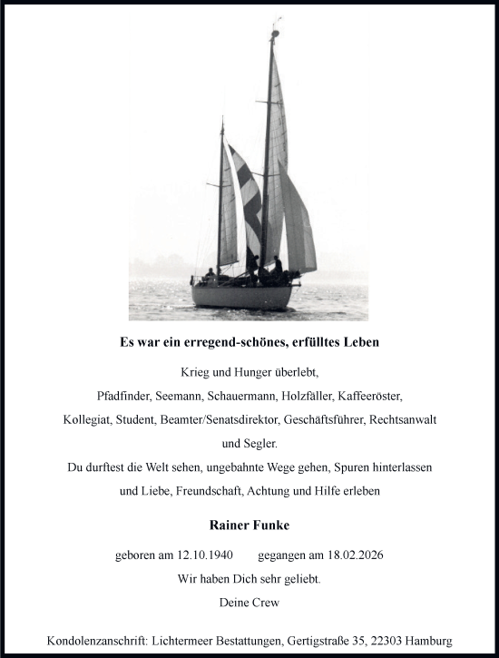 Traueranzeige von Rainer Funke von Hamburger Abendblatt