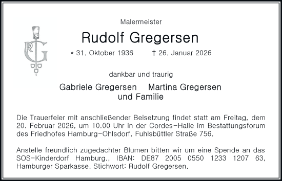 Traueranzeige von Rudolf Gregersen von Hamburger Abendblatt