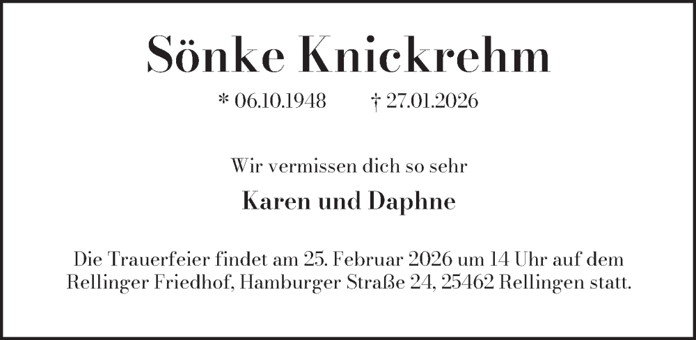  Traueranzeige für Sönke Knickrehm vom 14.02.2026 aus Hamburger Abendblatt