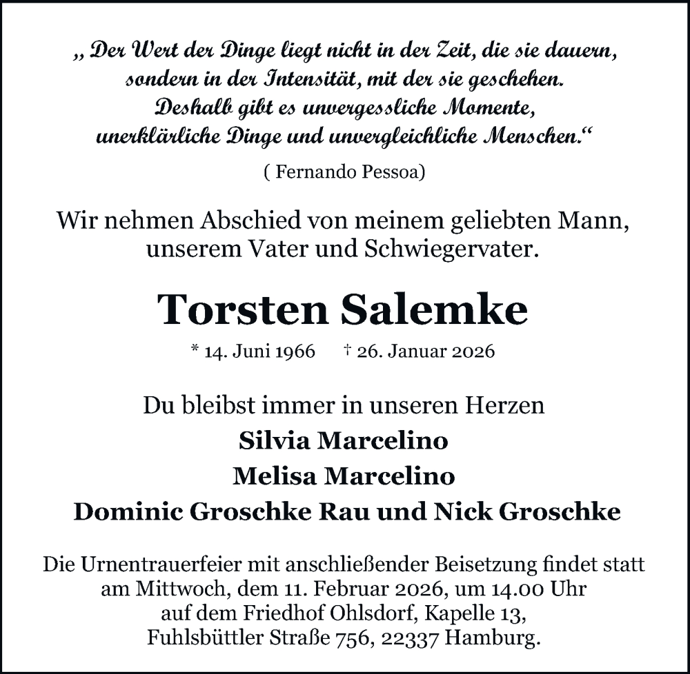  Traueranzeige für Torsten Salemke vom 05.02.2026 aus 