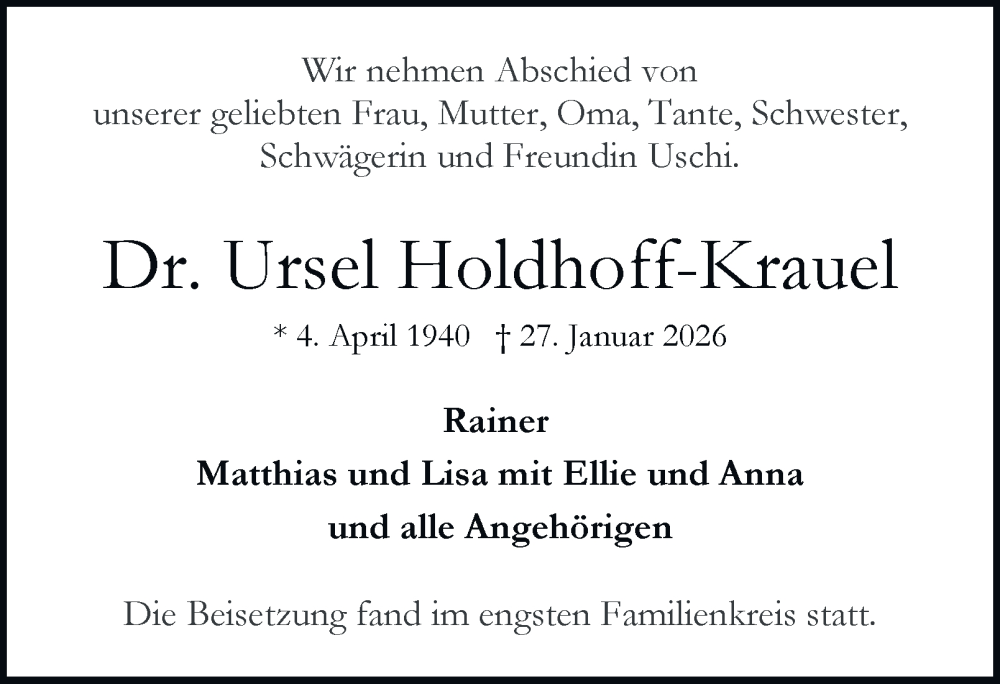  Traueranzeige für Ursel Holdhoff-Krauel vom 14.02.2026 aus Hamburger Abendblatt