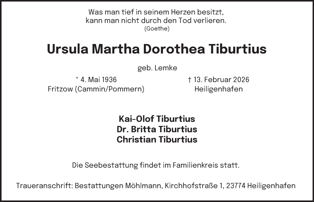  Traueranzeige für Ursula Martha Dorothea Tiburtius vom 21.02.2026 aus Hamburger Abendblatt