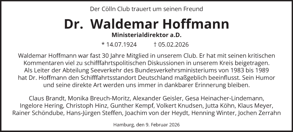  Traueranzeige für Waldemar Hoffmann vom 14.02.2026 aus Hamburger Abendblatt