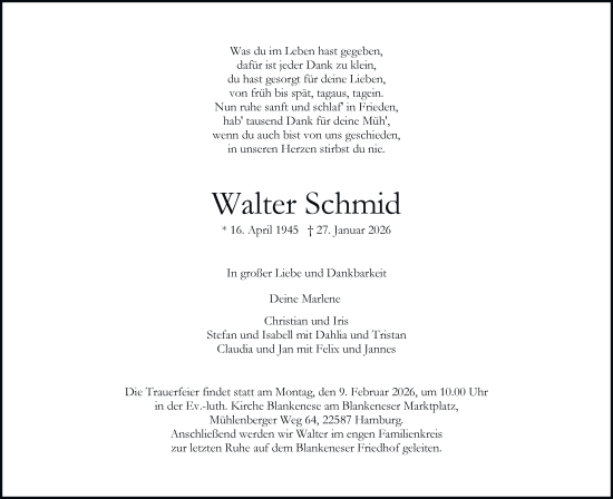 Traueranzeige von Walter Schmid von Hamburger Abendblatt