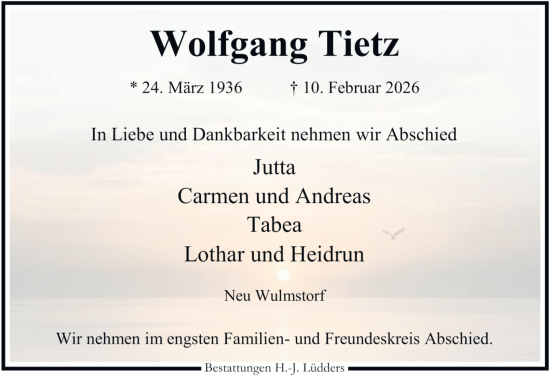 Traueranzeige von Wolfgang Tietz von Hamburger Abendblatt